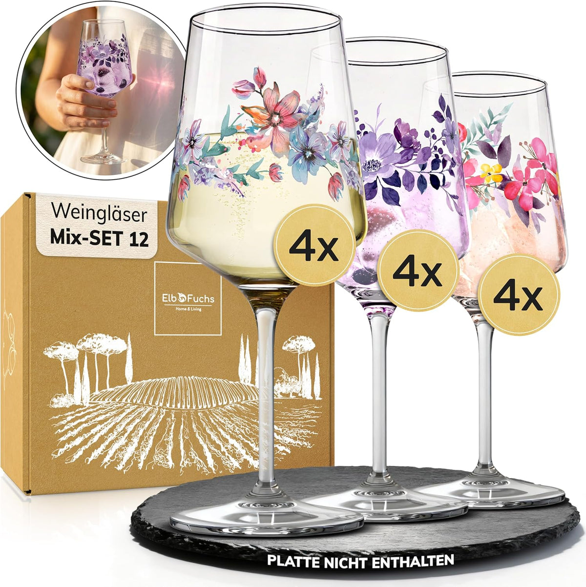 Weingläser MIX-SET Blumenmotive (12-teilig)