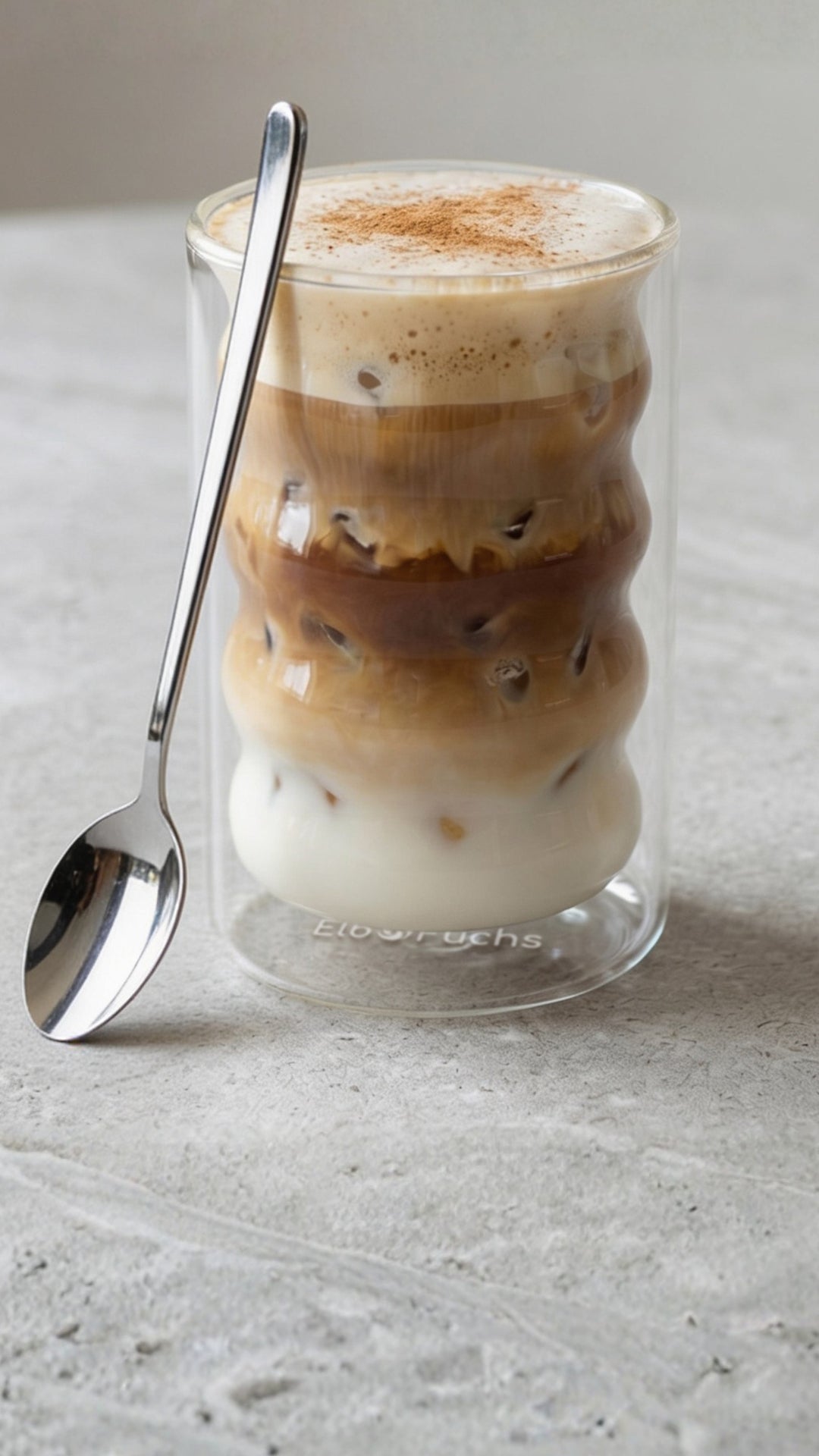 Doppelwandiges ElbFuchs LISBON Latte-Macchiato-Glas 400 ml im Wellendesign mit geschichtetem Kaffee, Zimt und Löffel auf grauem Stein.
