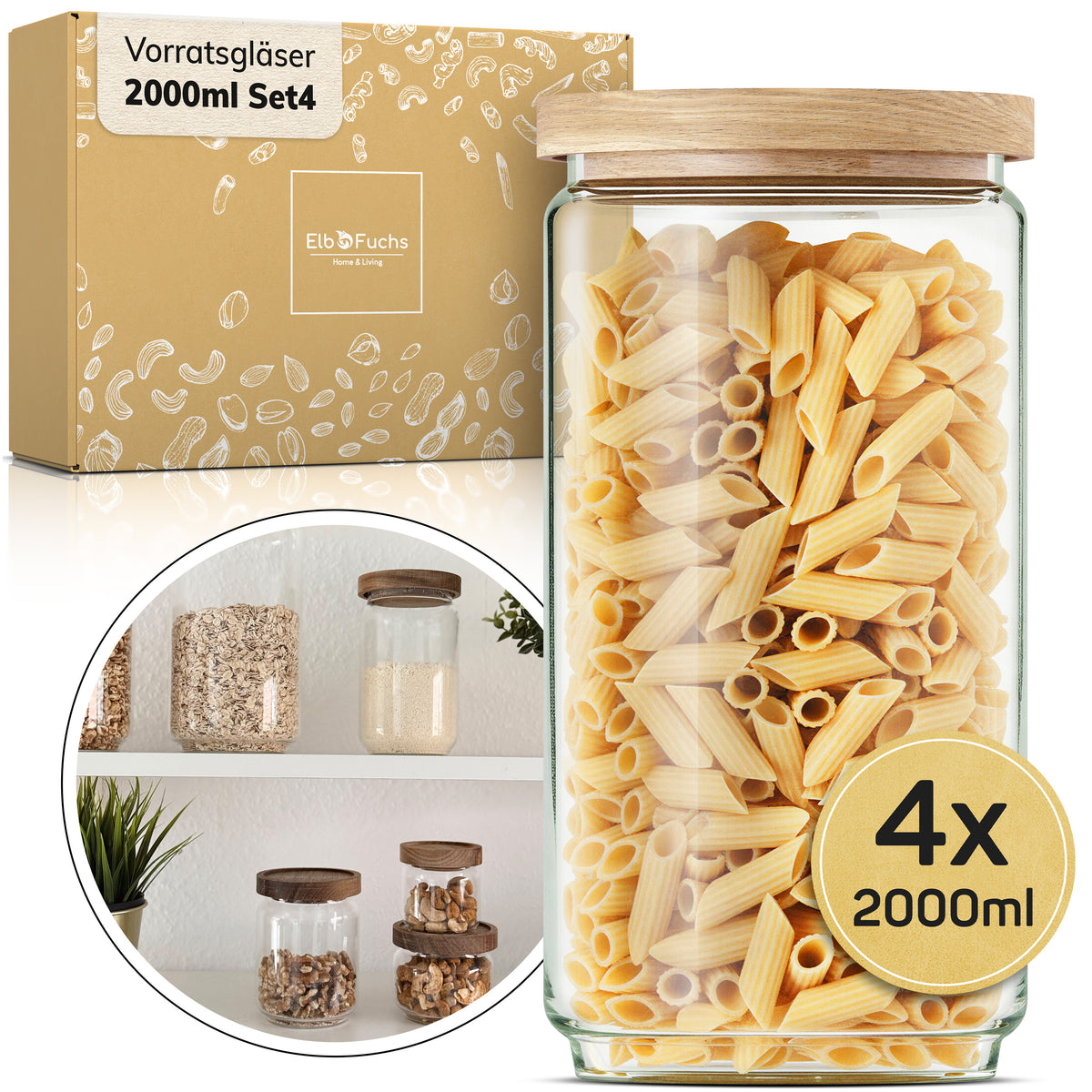 ElbFuchs Vorratsgläser Set | 4-teilig (2000ml) mit Holzdeckel