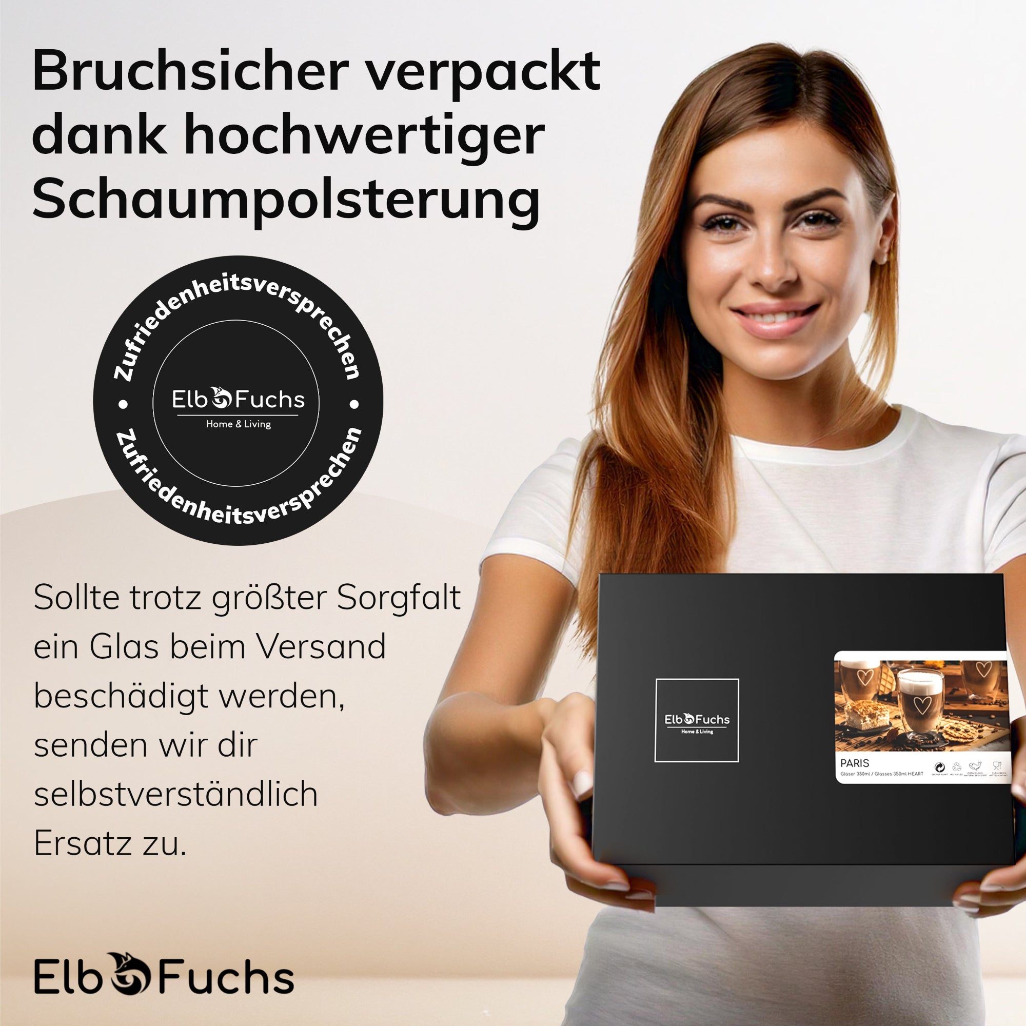 Service-Grafik der Hamburger Marke ElbFuchs zum Thema Transportsicherheit. Bruchsichere Verpackung für Gläser-Sets und Zufriedenheitsgarantie der Hansestadt-Brand für ein sorgenfreies Online-Shopping.