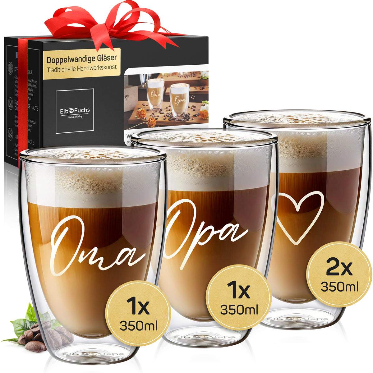 Doppelwandige Gläser WORDS Oma, Opa & Herzen (4-teilig)