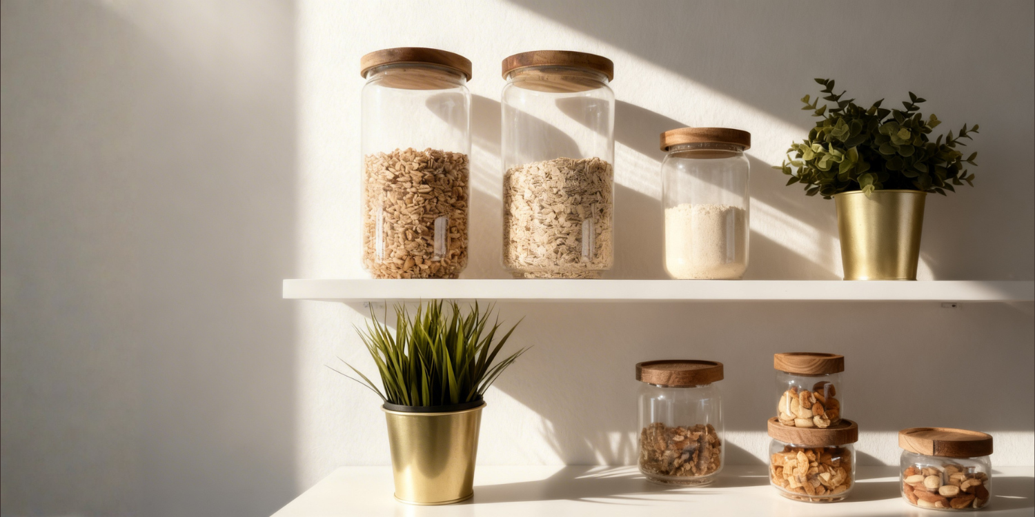 Hochwertige Vorratsgläser der Hamburger Marke ElbFuchs mit luftdichtem und mottenfreiem Holzdeckel für eine Plastikfreie Küche. Ideal als Geschenk für nachhaltiges Wohnen und minimalistisches Interior-Design.