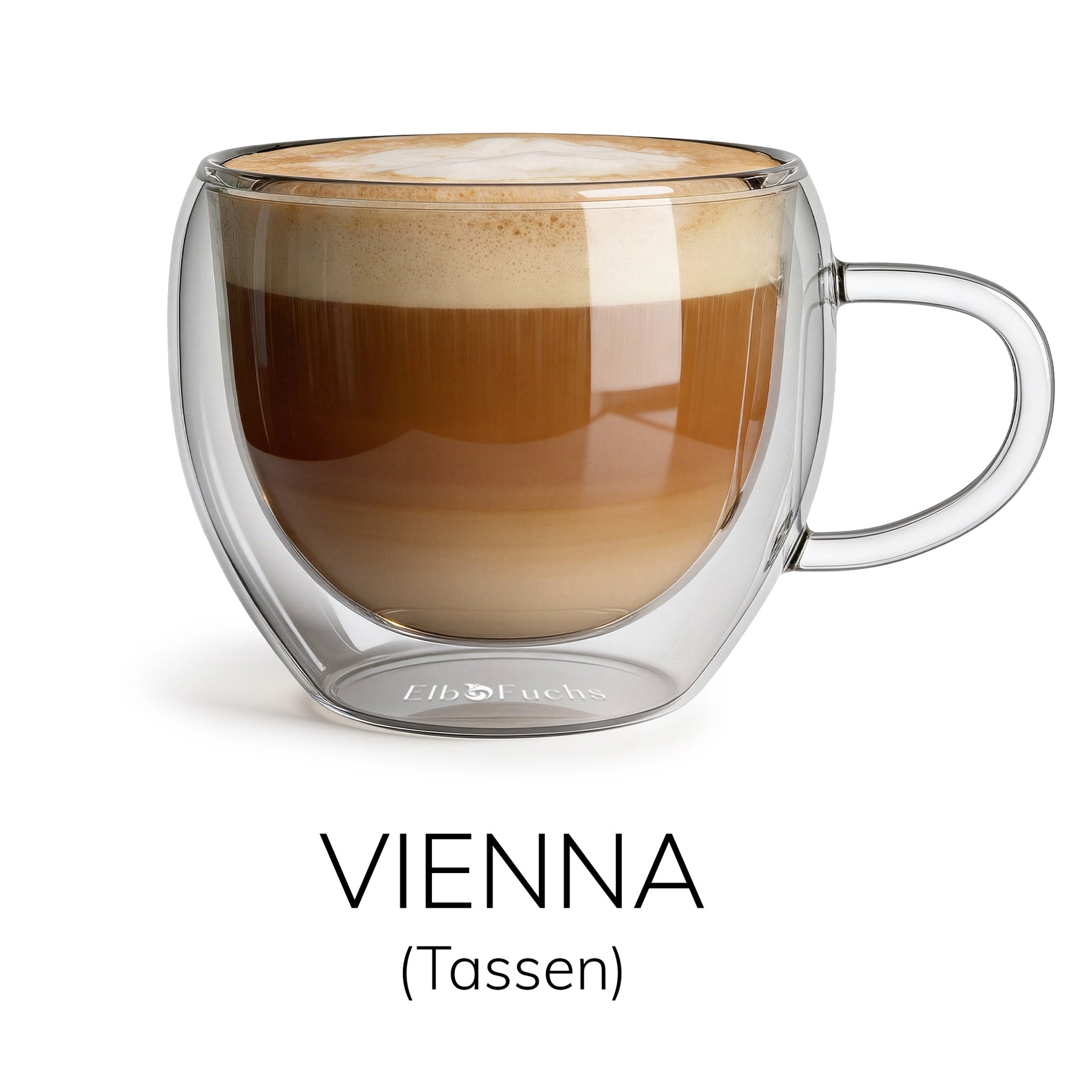 ElbFuchs VIENNA doppelwandige Cappuccino-Tasse (250ml) mit Henkel gefüllt mit Cappuccino und cremiger Schaumkrone.