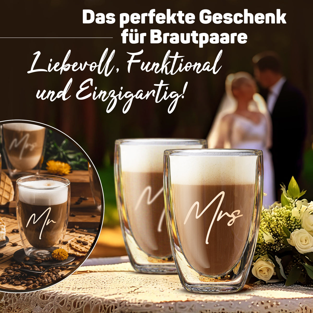 Zwei doppelwandige ElbFuchs Gläser mit den Gravuren 'Mr' und 'Mrs', gefüllt mit cremigem Latte macchiato, stehen vor einem unscharfen Brautpaar und einem Blumenstrauß als Hochzeitsgeschenk-Idee.