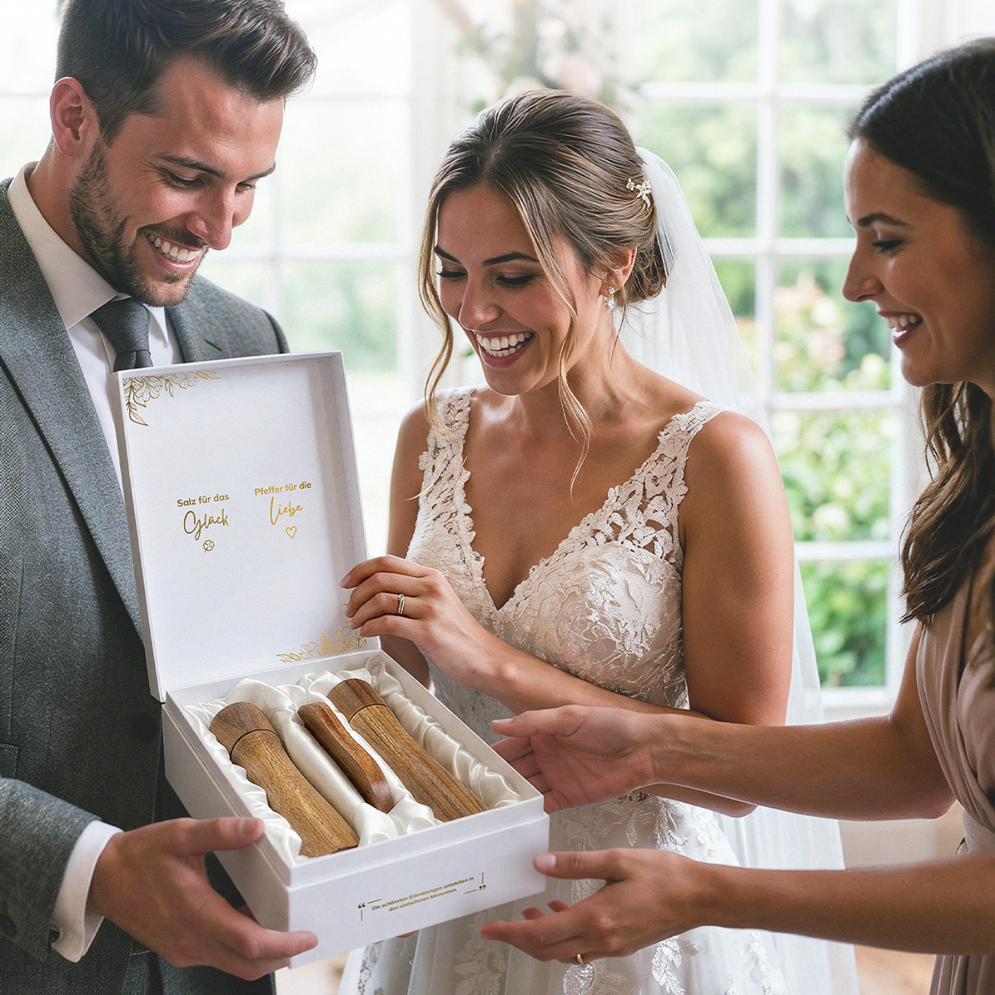 Ein glückliches Brautpaar bei der Geschenkübergabe am Hochzeitstag: Die Braut im eleganten weißen Spitzenkleid mit Schleier und der Bräutigam im grauen Anzug lächeln voller Freude, während ihnen eine Gästin das geöffnete ElbFuchs Salz- und Pfeffermühlen-Geschenkset überreicht. In der edlen weißen Box präsentieren sich die Holzmühlen auf weißem Satinstoff unter den goldenen Schriftzügen 'Salz für das Glück' und 'Pfeffer für die Liebe'.