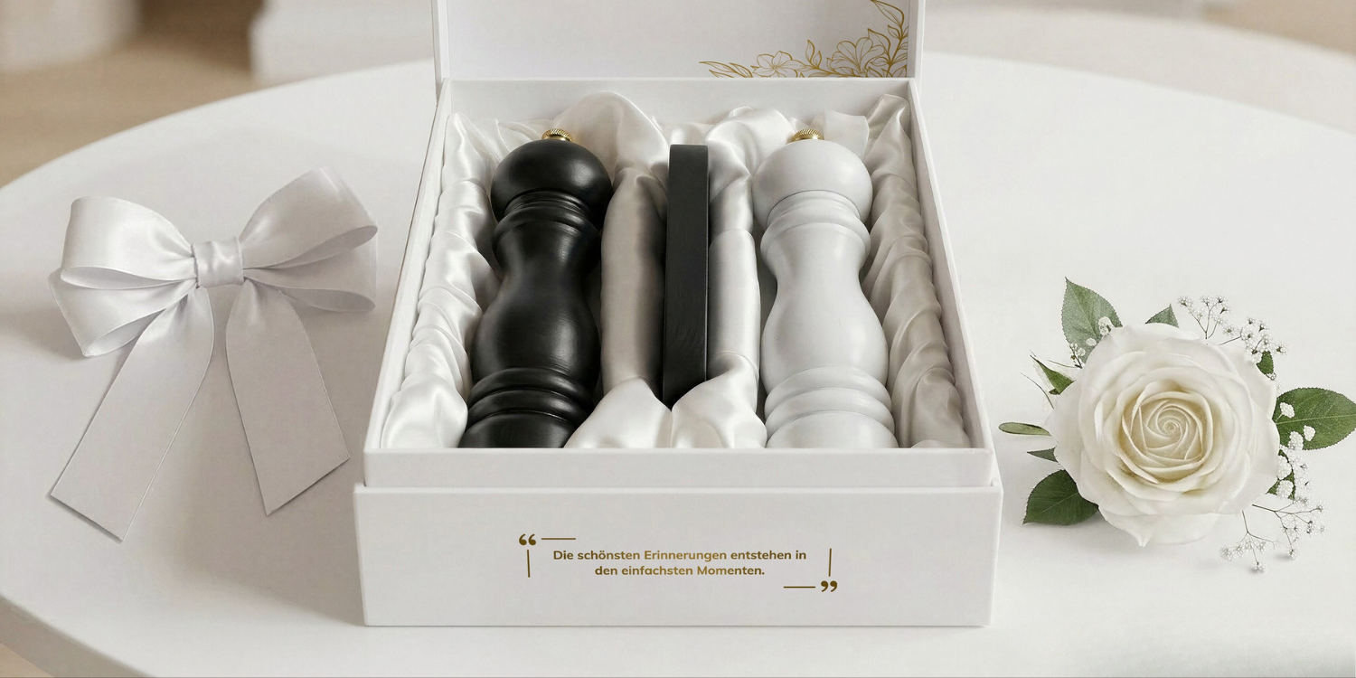Ein ElbFuchs Salz- und Pfeffermühlen-Set bestehend aus einer schwarzen und einer weißen Mühle mit goldenen Details, elegant gebettet auf weißem Satin in einer geöffneten Premium-Geschenkbox. Die edle weiße Box trägt den goldenen Schriftzug 'Die schönsten Erinnerungen entstehen in den einfachsten Momenten.'. Neben der Box liegen eine weiße Satinschleife und eine weiße Rose auf einem hellen Tisch. Hochwertiges Geschenkset zur Hochzeit oder zum Einzug.