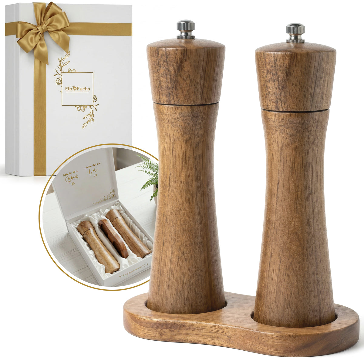 ElbFuchs Salz- und Pfeffermühlen Set aus Akazienholz mit Untersetzer und Geschenkbox Glück & Liebe – Salzmühle und Pfeffermühle Holz