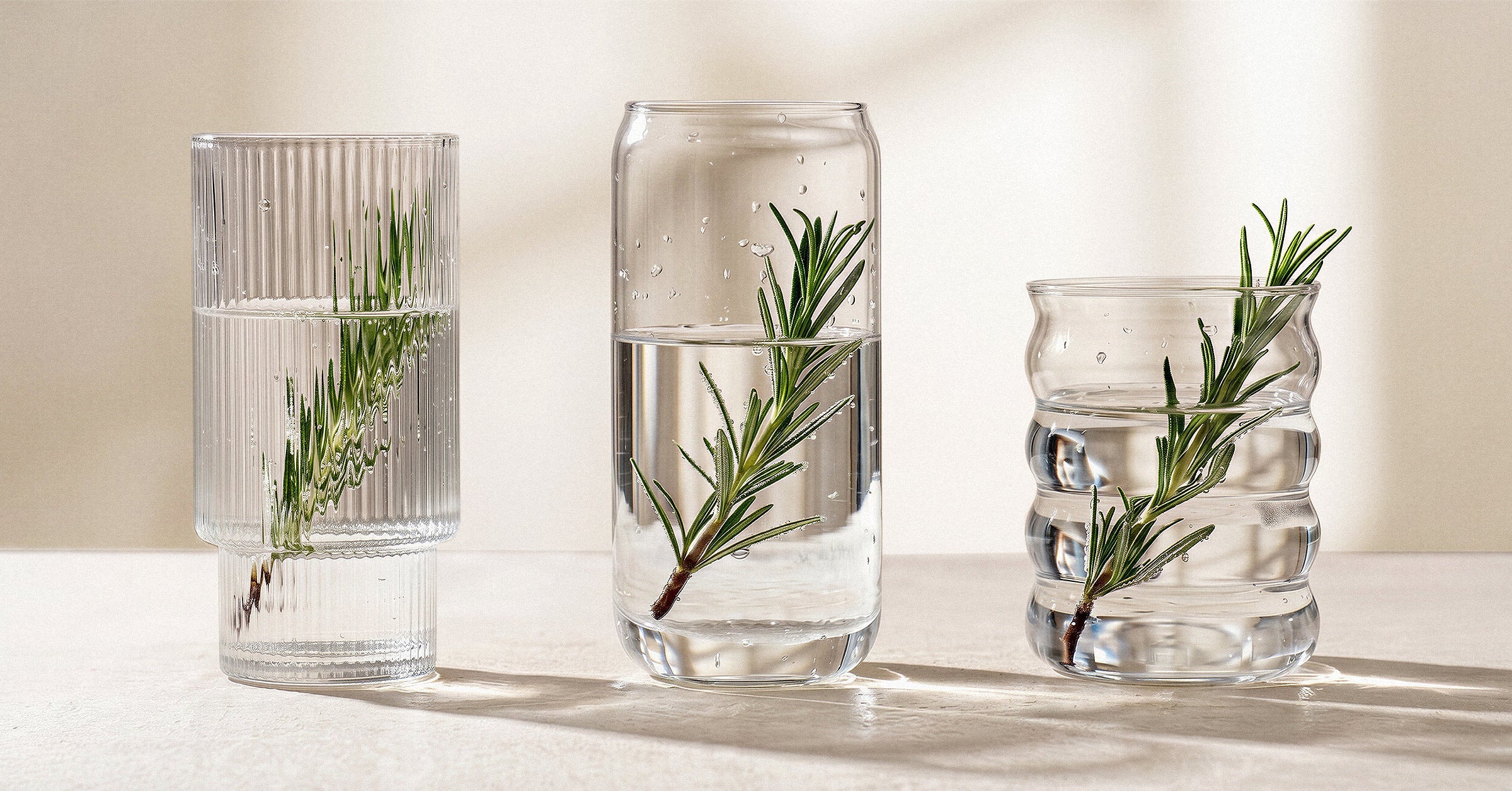 Drei transparente ElbFuchs Design-Trinkgläser, darunter ein geriffeltes Highball-Glas, ein schlankes Can-Glas und ein kurzes gewelltes Wasserglas, fotografiert unter warmem Sonnenlicht in Hamburg, gefüllt mit Rosmarin-Wasser für Lifestyle-Genussmomente.