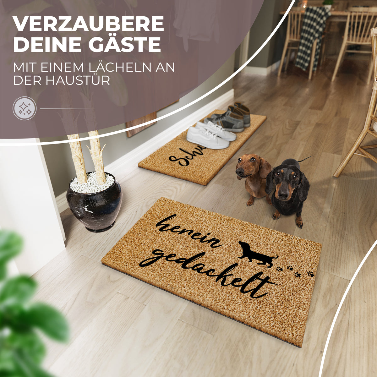 Eine ElbFuchs Kokos-Fußmatte mit der Aufschrift 'herein gedackelt' und einer Dackel-Silhouette samt Pfotenabdrücken liegt vor einer Haustür in einem hellen Flur, während ein echter Dackel neugierig auf einer zweiten Matte mit Schuhen dahinter steht.