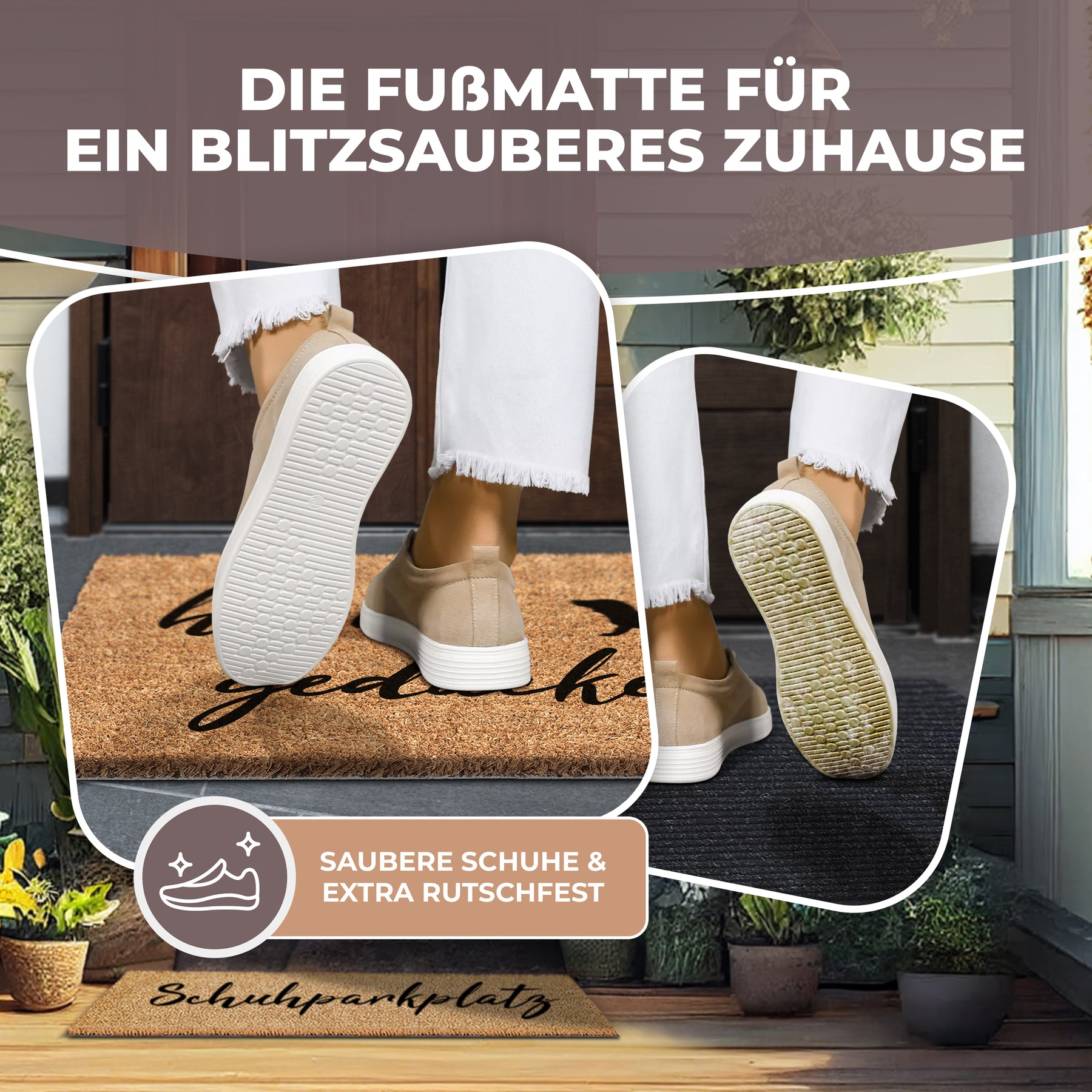 Ein Fuß in weißer Hose und beigem Sneaker tritt auf die ElbFuchs Kokosfußmatte „herein gedackelt“ vor einer Haustür, während Nahaufnahmen der Sohlen die griffige Struktur zeigen, ergänzt durch das Badge „Saubere Schuhe & extra rutschfest“.