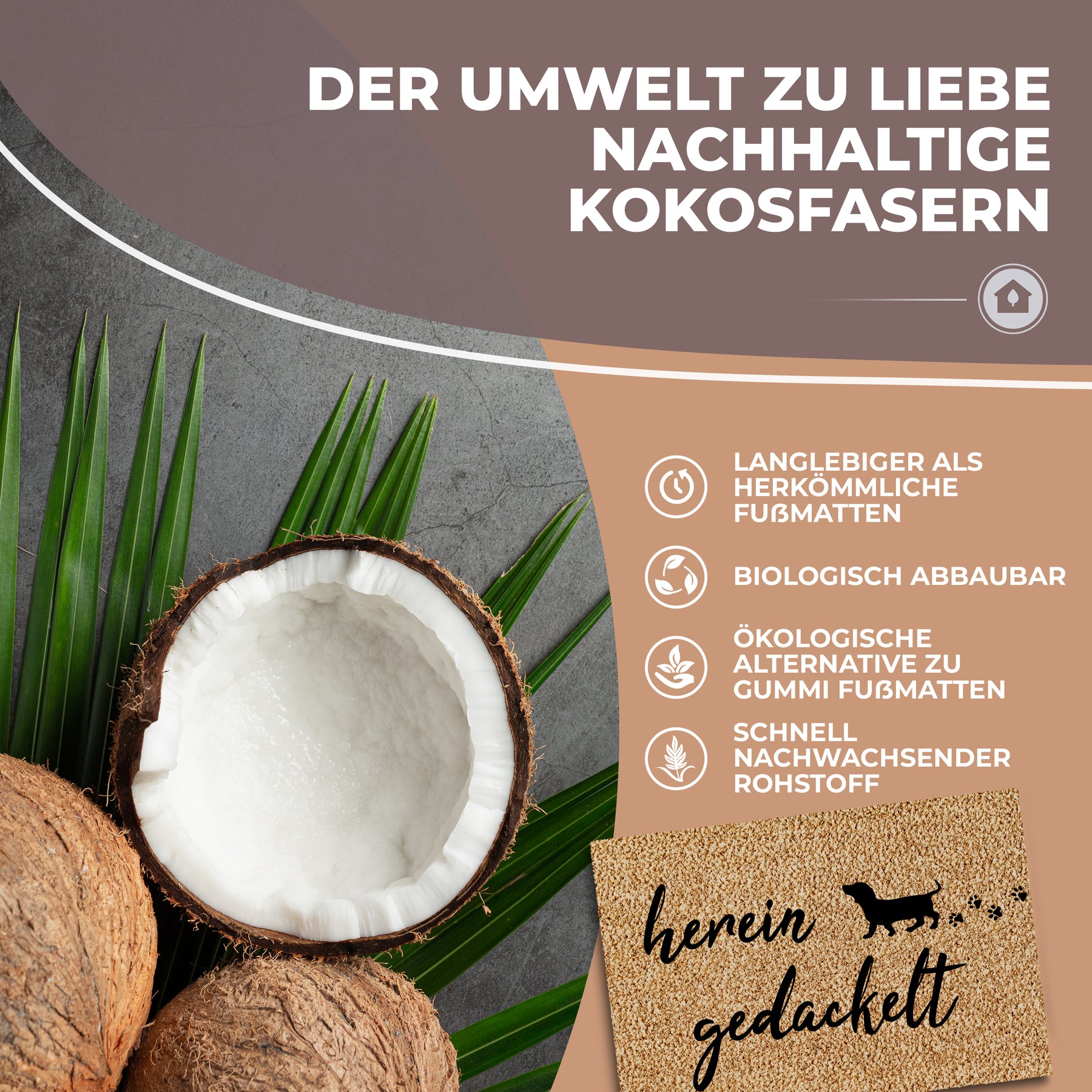 Eine halbierte Kokosnuss und Palmblätter symbolisieren die nachhaltigen Fasern der ElbFuchs Fußmatte „herein gedackelt“ mit Dackel-Silhouette und Pfotenabdrücken, ergänzt durch Hinweise zu biologischer Abbaubarkeit und langer Haltbarkeit.