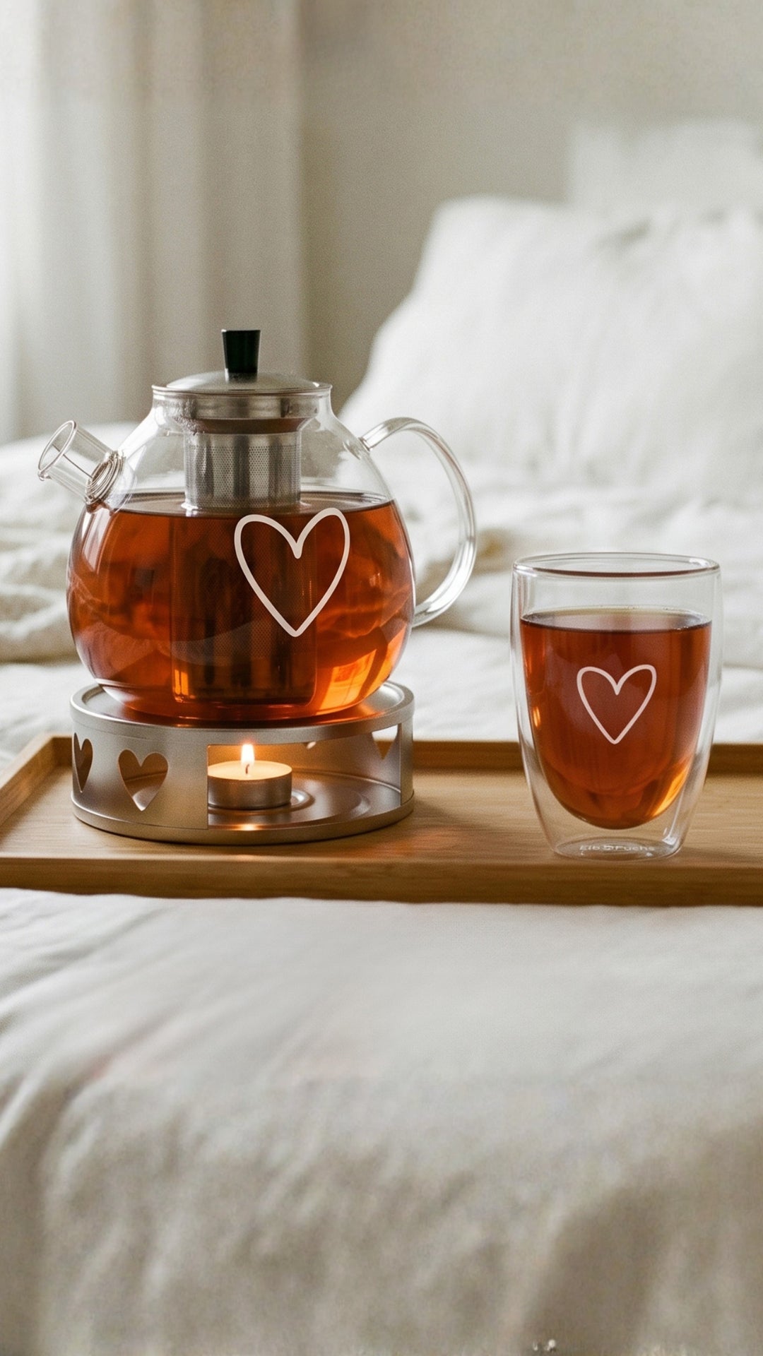 ElbFuchs Glasteekanne PARIS mit Herzgravur auf Stövchen und doppelwandiges Teeglas auf einem Holztablett im Bett.