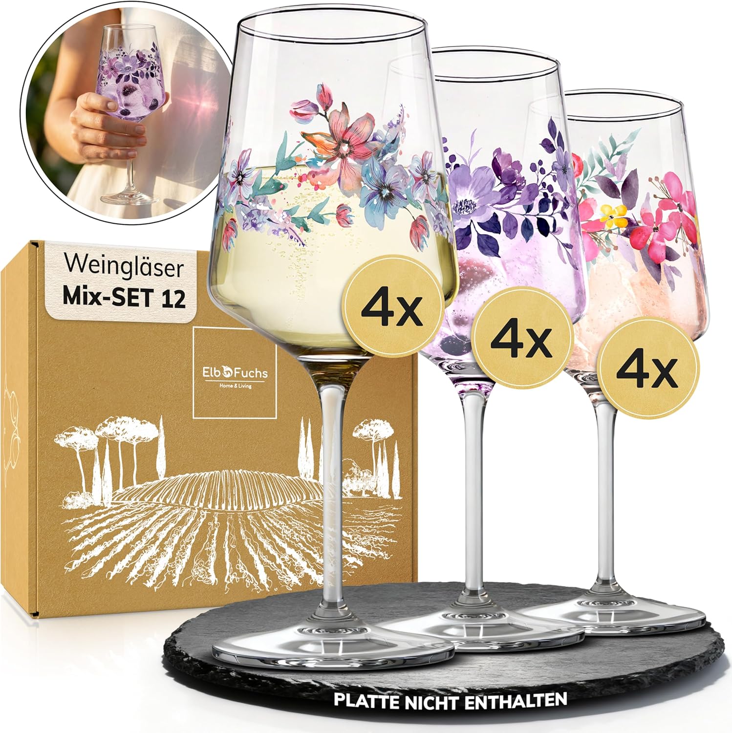 Weingläser MIX-SET Blumenmotive (12-teilig)