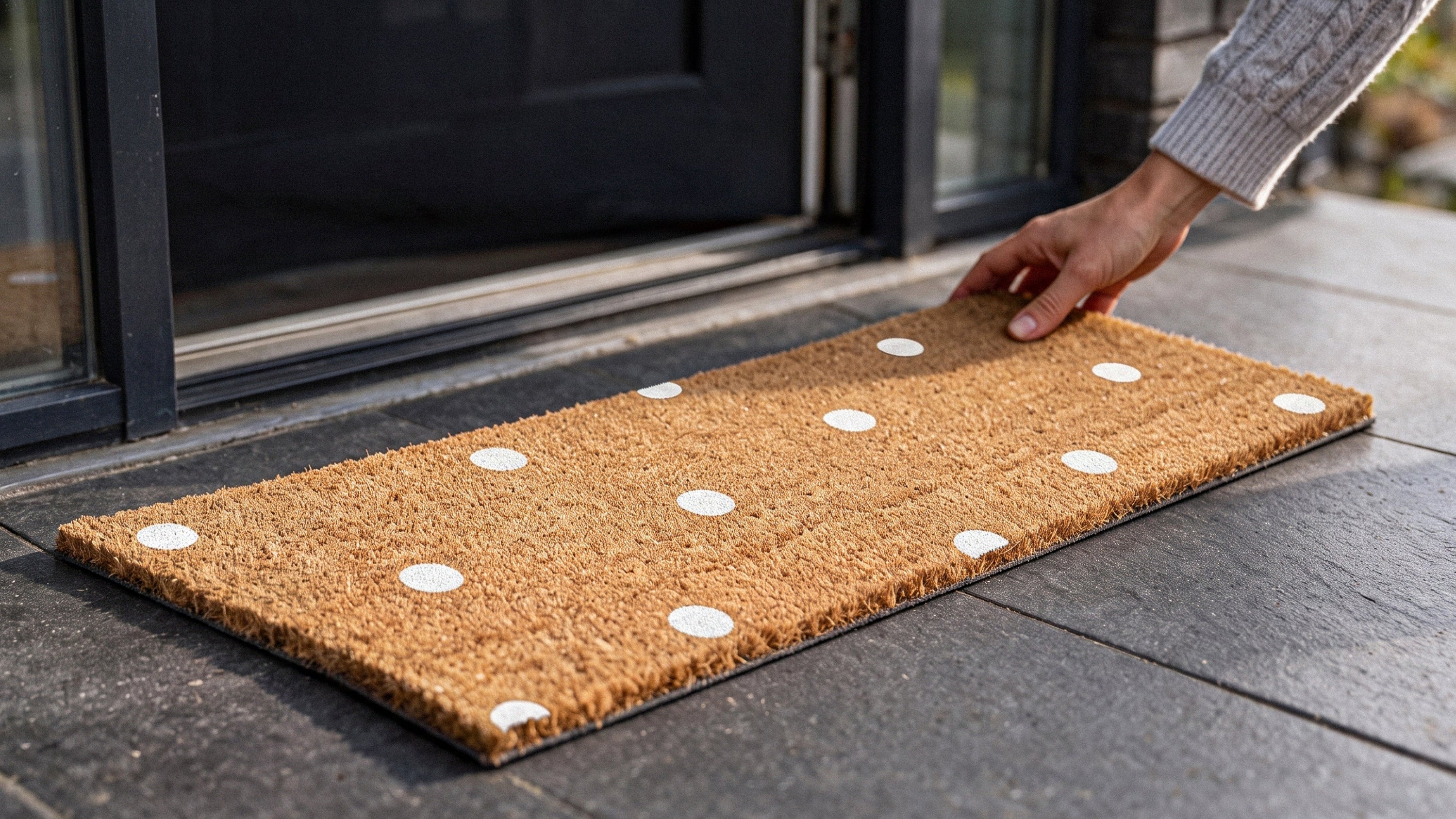 Hand legt eine schmale ElbFuchs Kokos-Fußmatte 75x25 cm mit weißen Punkten vor eine moderne Haustür.