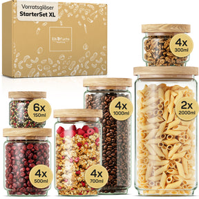 ElbFuchs Vorratsgläser Starter Set XL | 24-teiliges Set inkl. Pasta & Gewürz-Gläser