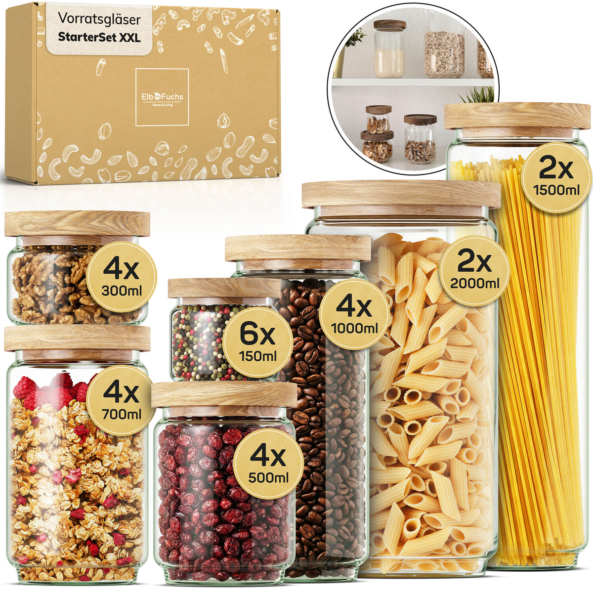 ElbFuchs Vorratsgläser Starter Set XXL | 26-teiliges Komplett-Set
