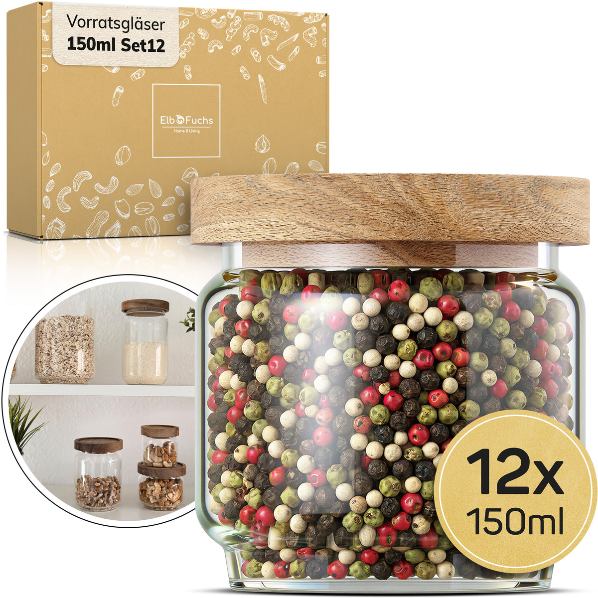 ElbFuchs Gewürzgläser Set | 12-teilig (150ml) mit Holzdeckel
