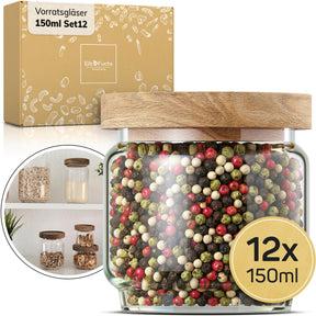 ElbFuchs Gewürzgläser Set | 12-teilig (150ml) mit Holzdeckel
