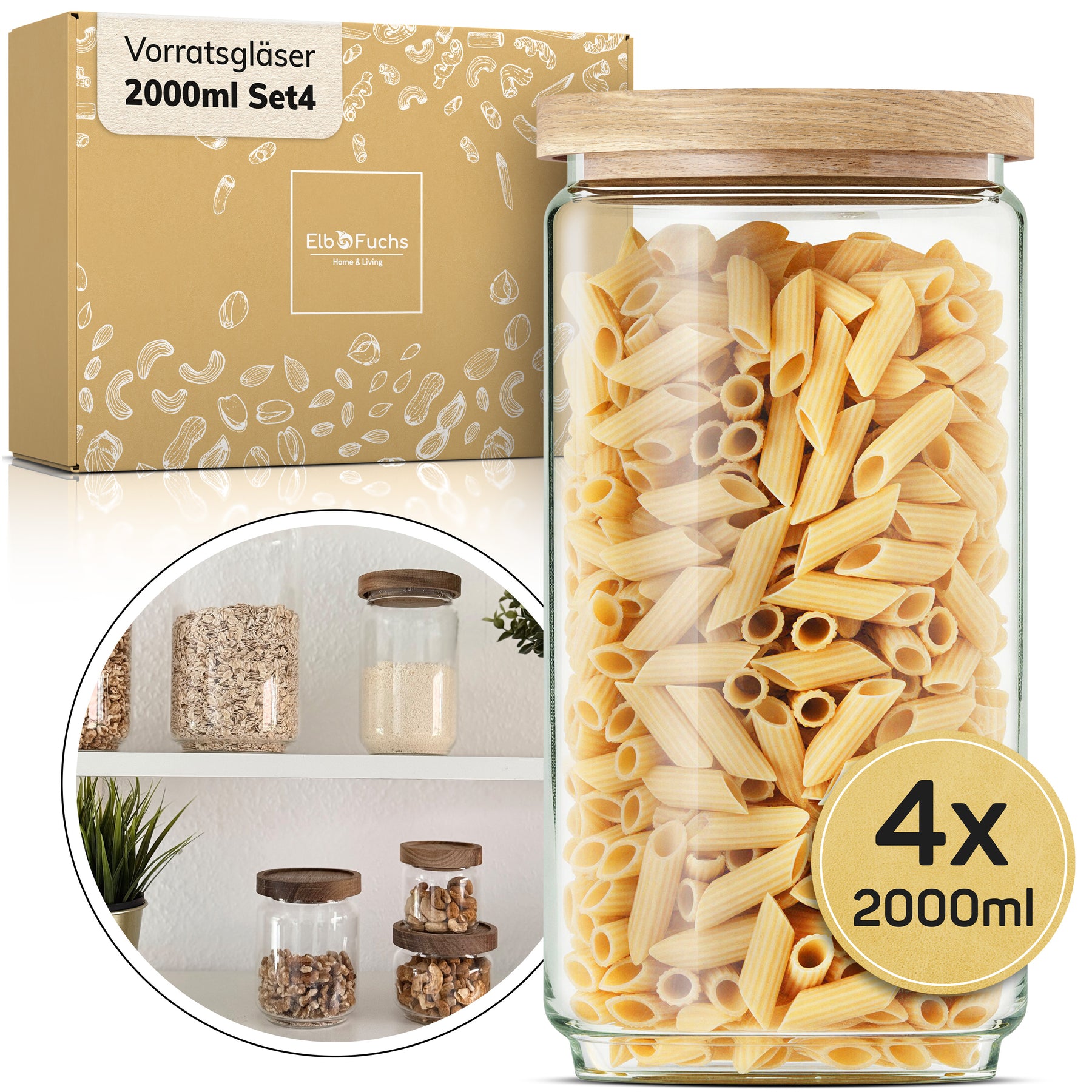 ElbFuchs Vorratsgläser Set | 4-teilig (2000ml) mit Holzdeckel