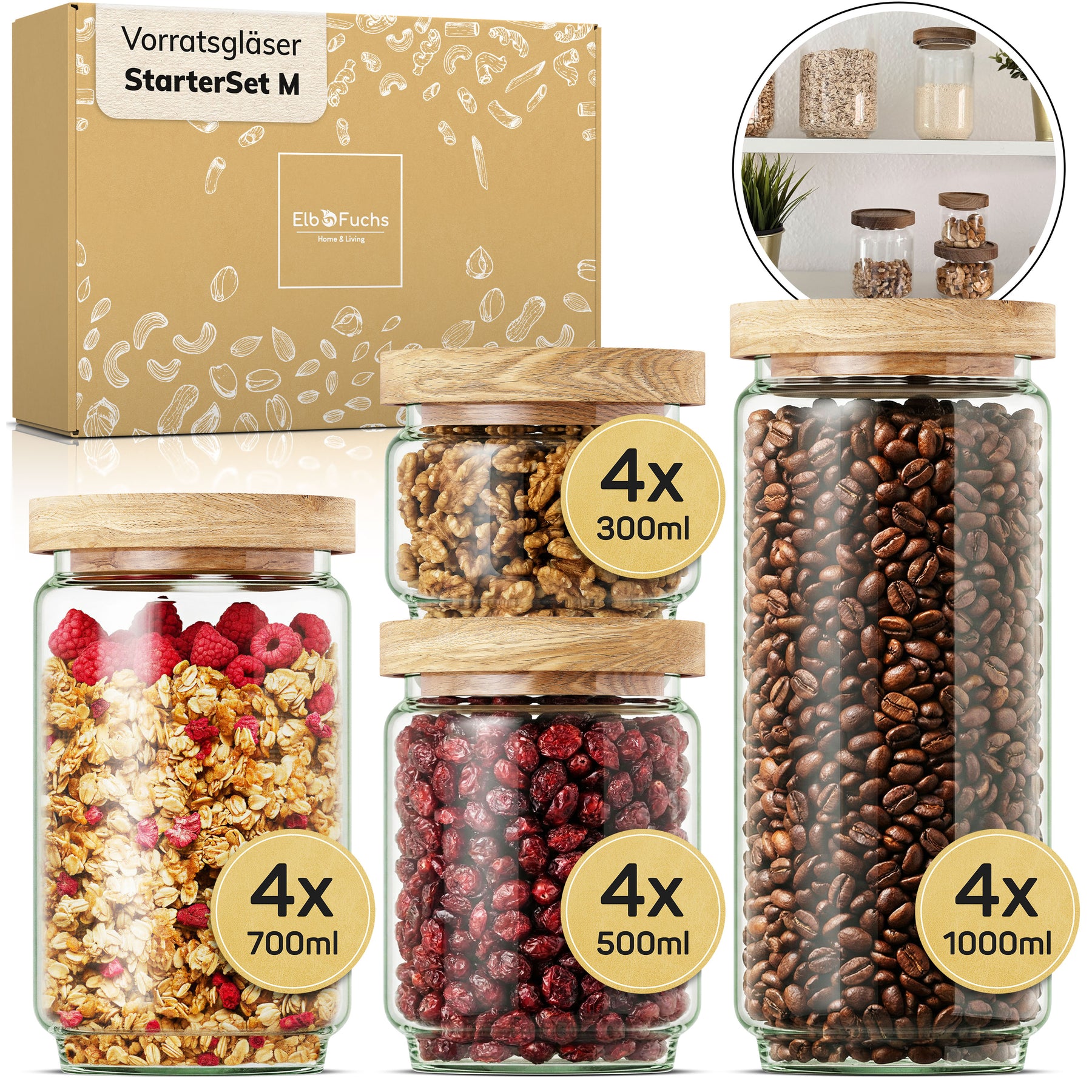 ElbFuchs Vorratsgläser Starter Set M | 16-teiliges Set mit Holzdeckel