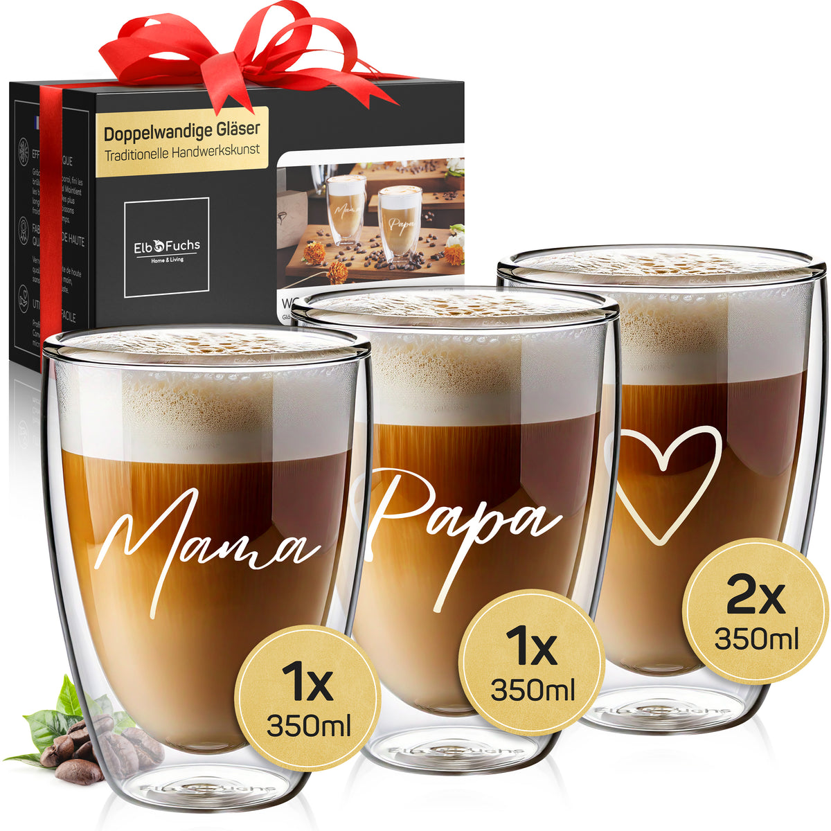 Doppelwandige Gläser WORDS Mama+Papa & Herzen (4-teilig)
