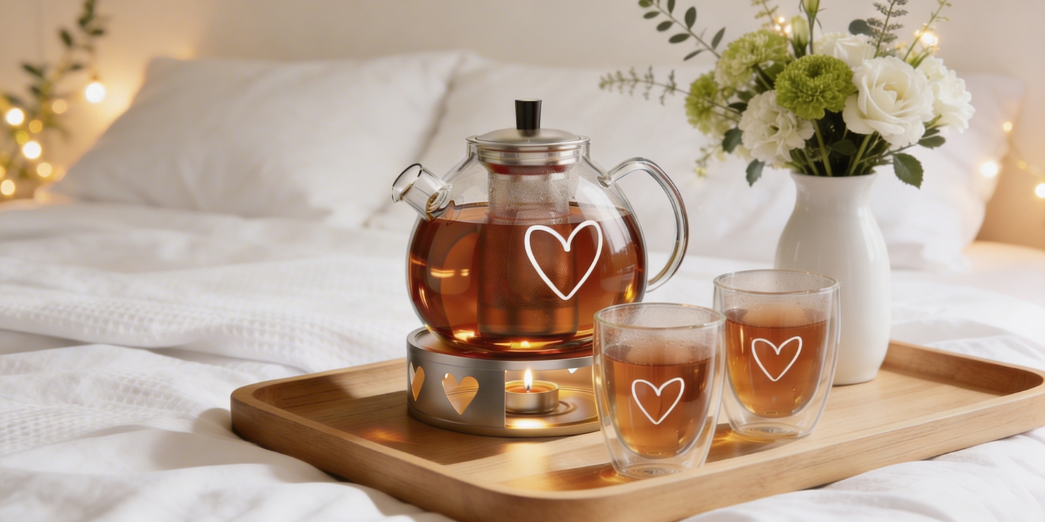 Hochwertiges ElbFuchs Glas-Teeservice der Hamburger Brand mit Herz-Gravur. Set aus Teekanne, Stövchen und Thermo-Gläsern, ideal als nachhaltiges Geschenk zur Hochzeit oder zum Valentinstag.