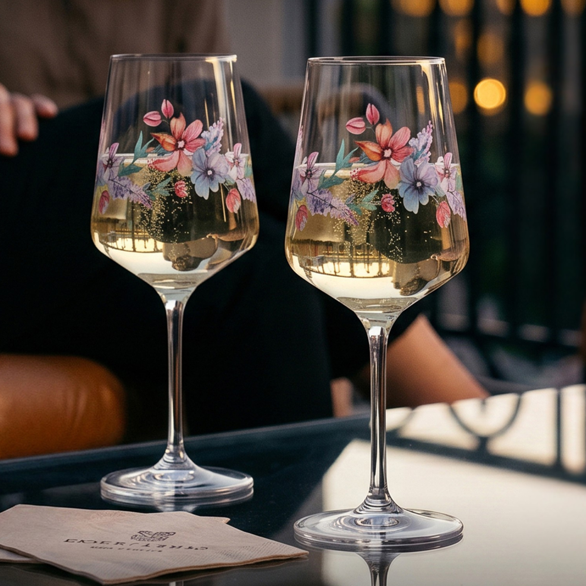 ElbFuchs Aperitifgläser mit buntem Blumenmuster im 2er-Set, gefüllt mit einem prickelnden Getränk wie Weißwein oder Spritz. Die eleganten Weingläser stehen auf einem spiegelnden Tisch im Freien bei gemütlicher Abenddämmerung mit warmen Bokeh-Lichtern im Hintergrund.