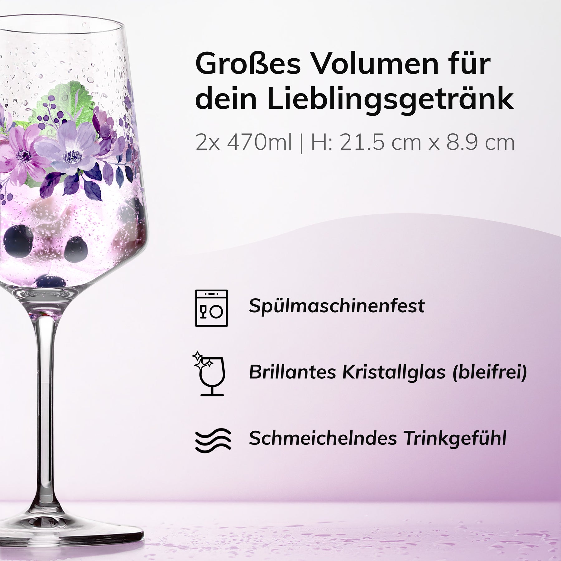 Nahaufnahme eines ElbFuchs Glases 'Violet Veil' mit violettem Blütenmotiv und einem Getränk mit dunklen Beeren, daneben die Produktangaben 2x 470 ml und Höhe 21,5 cm.
