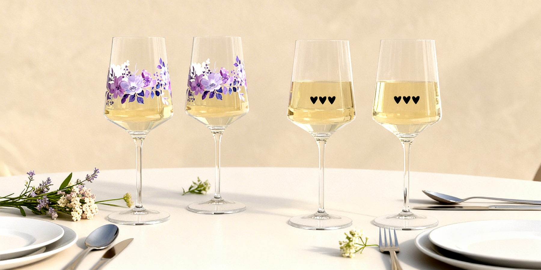 Ein vierteiliges ElbFuchs Aperitifgläser-Set (470ml) mit feinen Stielen, befüllt mit einem hellen Weißwein oder Spritz-Getränk. Zwei der Gläser sind mit einem farbenfrohen, lila-violetten floralen Blumenmuster verziert, während die anderen beiden Gläser drei minimalistische schwarze Herzen tragen. Das Set steht auf einem hellen, elegant gedeckten Sommertisch mit weißem Geschirr, Besteck und frischen Lavendel- sowie Wildblumen.