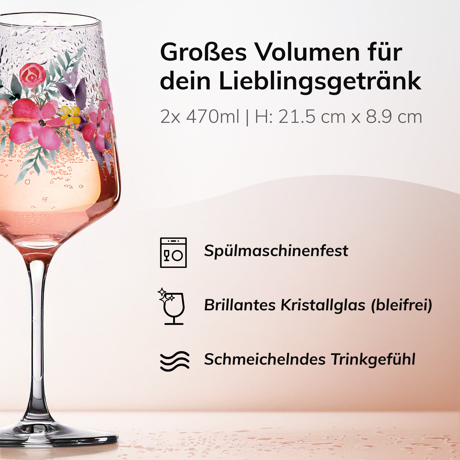 Nahaufnahme eines ElbFuchs Aperitifglases 'Rosé Garden' mit rosé-farbenem Getränk, daneben die Produktangaben 2x 470 ml, Höhe 21,5 cm, spülmaschinenfest und aus bleifreiem Kristallglas.
