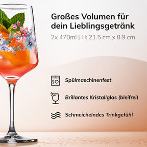Nahaufnahme eines ElbFuchs Glases 'Spring Harmony' mit orangefarbenem Spritz-Cocktail, Minzblatt und Orangenscheibe, daneben die Produktdetails 2x 470 ml und Höhe 21,5 cm.