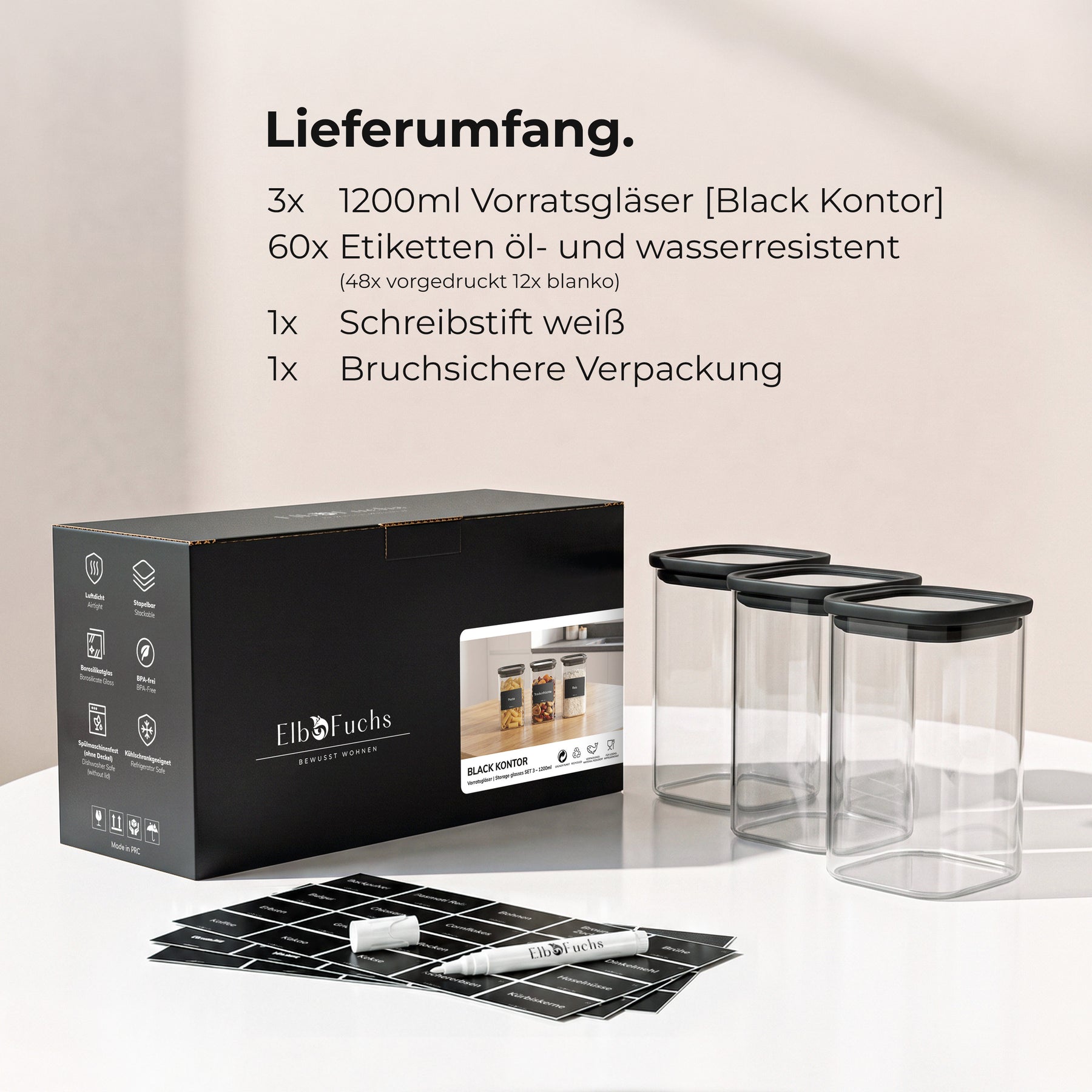 Lieferumfang des ElbFuchs BLACK KONTOR 3er-Sets: drei Vorratsgläser à 1200 ml, Etiketten, weißer Schreibstift und bruchsichere Verpackung.