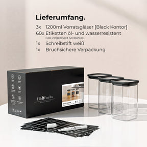 Lieferumfang des ElbFuchs BLACK KONTOR 3er-Sets: drei Vorratsgläser à 1200 ml, Etiketten, weißer Schreibstift und bruchsichere Verpackung.