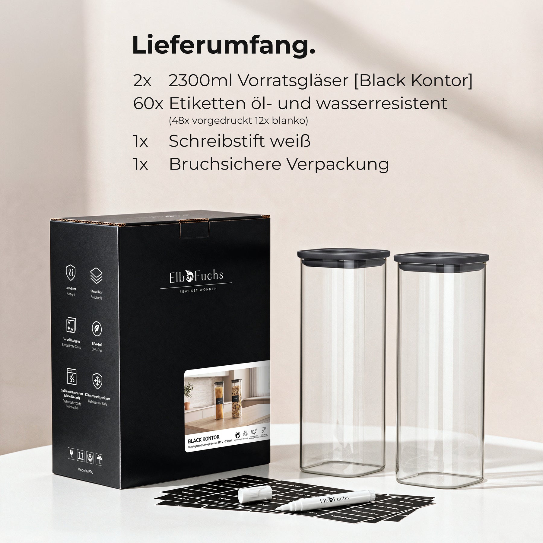 Lieferumfang des ElbFuchs BLACK KONTOR 2er-Sets: zwei Vorratsgläser à 2300 ml, Etiketten, weißer Schreibstift und bruchsichere Verpackung.