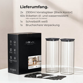 Lieferumfang des ElbFuchs BLACK KONTOR 2er-Sets: zwei Vorratsgläser à 2300 ml, Etiketten, weißer Schreibstift und bruchsichere Verpackung.
