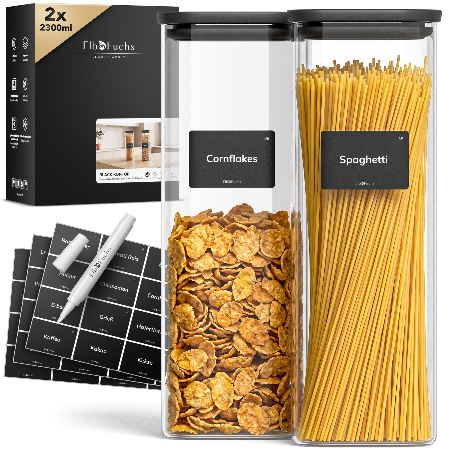 Zwei hohe ElbFuchs BLACK KONTOR Vorratsgläser à 2300 ml mit schwarzem Deckel, gefüllt mit Spaghetti und Cornflakes, inklusive Etiketten und Kreidestift.