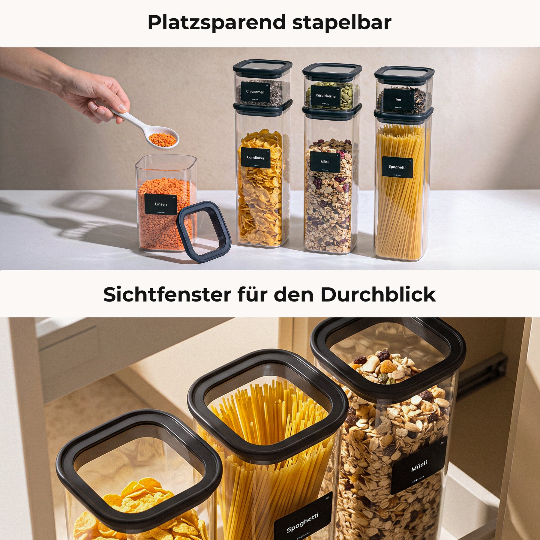 Hohe ElbFuchs BLACK KONTOR Vorratsgläser platzsparend im Küchenschrank und Draufsicht durch das Sichtfenster im schwarzen Deckel.