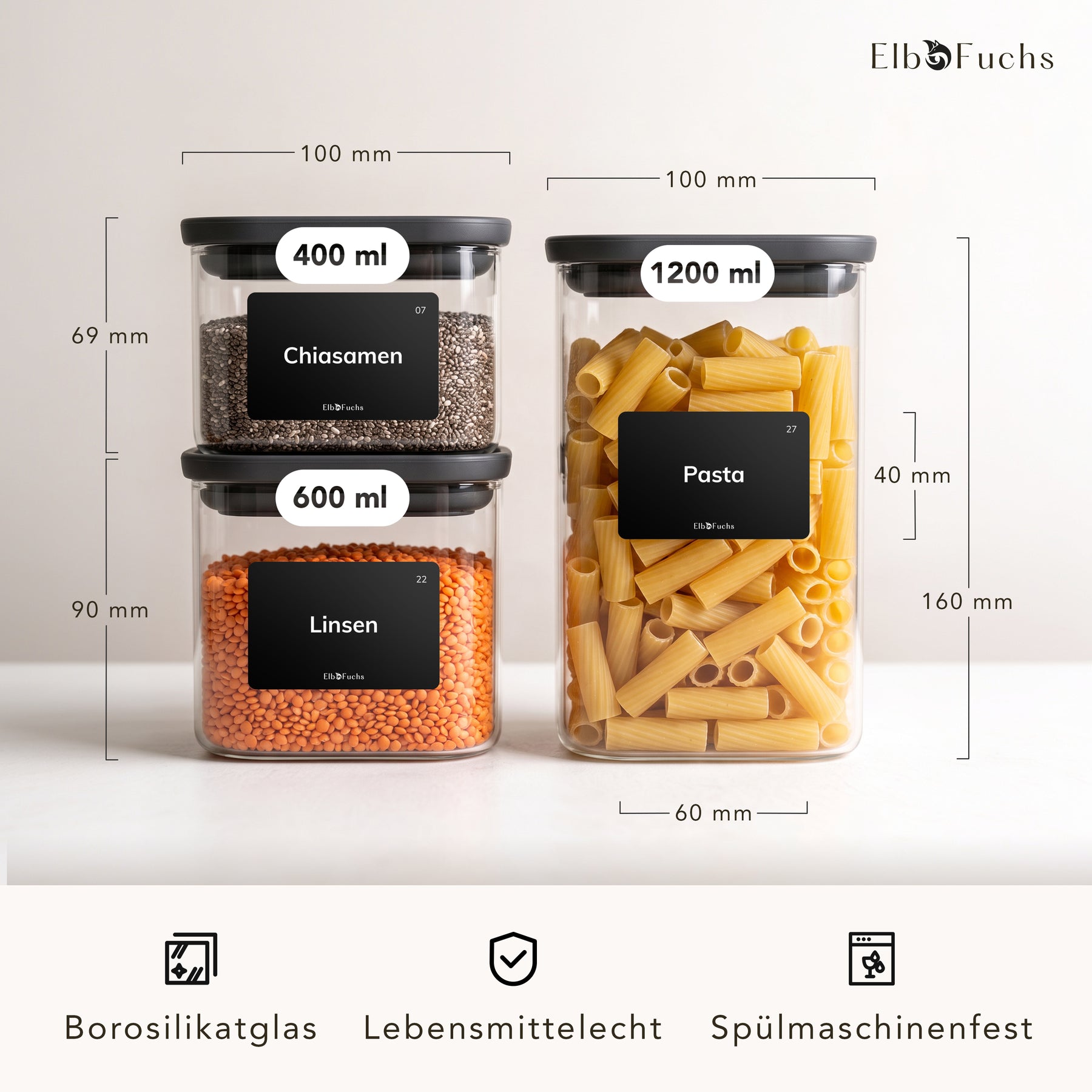 Maßangaben der ElbFuchs BLACK KONTOR Vorratsgläser in 400 ml, 600 ml und 1200 ml mit Hinweis auf Borosilikatglas, Lebensmittelechtheit und Spülmaschinenfestigkeit.