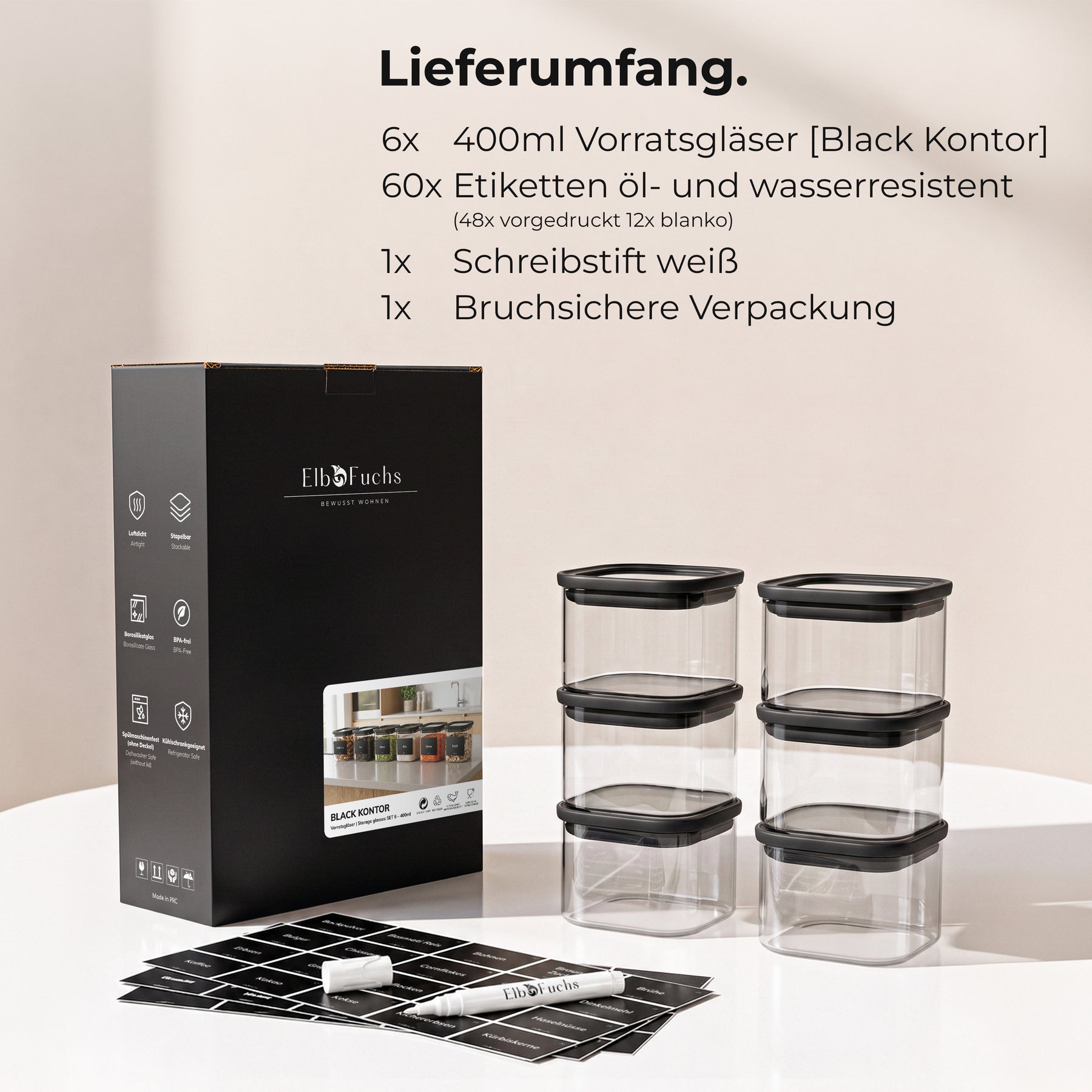 Lieferumfang des ElbFuchs BLACK KONTOR 6er-Sets: sechs Vorratsgläser à 400 ml, 60 öl- und wasserresistente Etiketten, weißer Schreibstift und bruchsichere Verpackung.