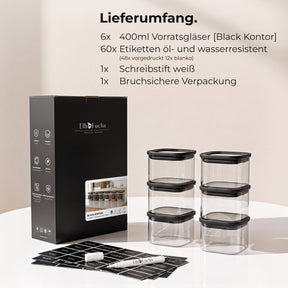 Lieferumfang des ElbFuchs BLACK KONTOR 6er-Sets: sechs Vorratsgläser à 400 ml, 60 öl- und wasserresistente Etiketten, weißer Schreibstift und bruchsichere Verpackung.