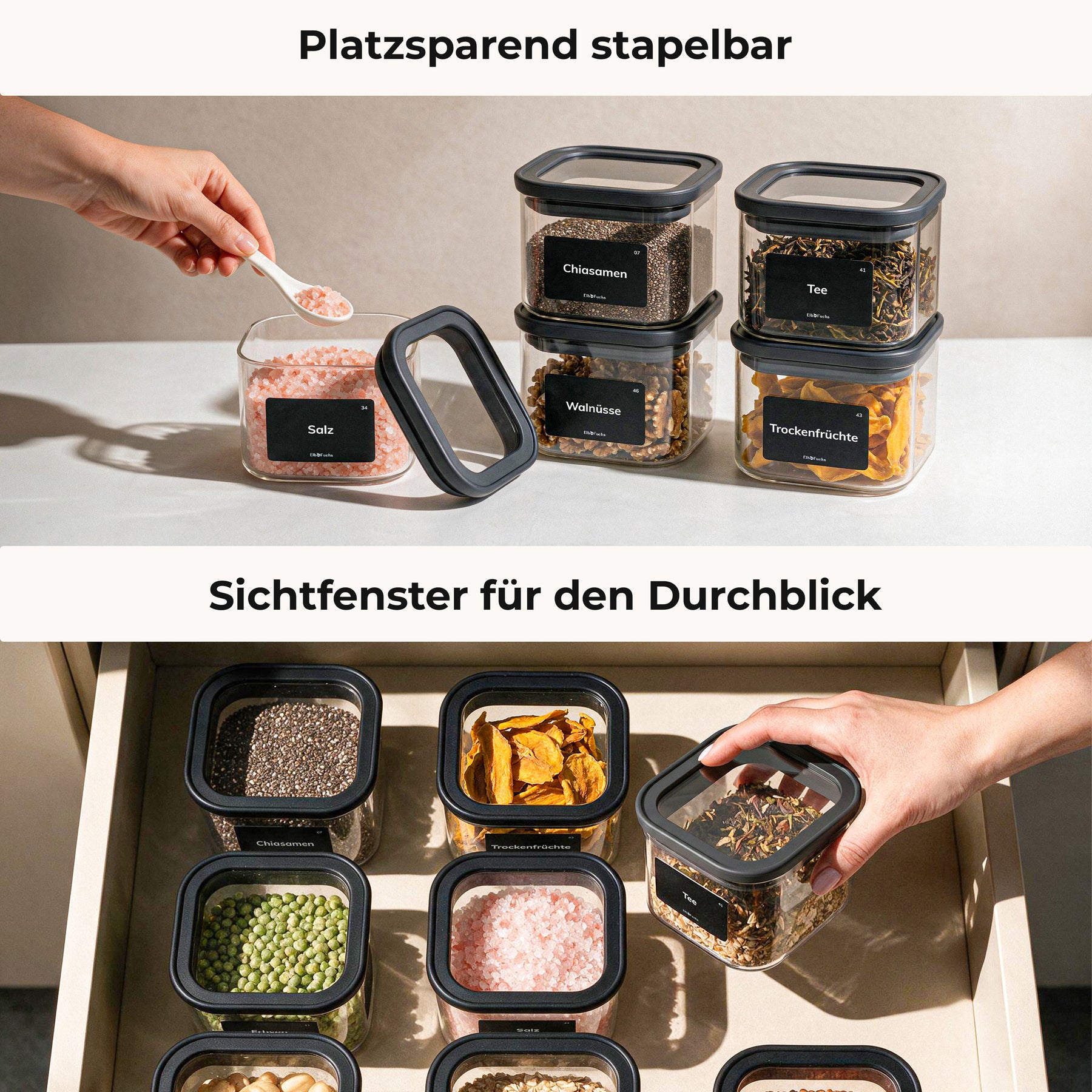 Platzsparend gestapelte ElbFuchs BLACK KONTOR 400-ml-Gläser im Schrank und Blick durch das Sichtfenster im Deckel in eine Küchenschublade.