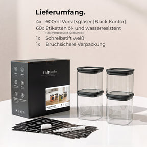 Lieferumfang des ElbFuchs BLACK KONTOR 4er-Sets: vier Vorratsgläser à 600 ml, Etiketten, weißer Schreibstift und bruchsichere Verpackung.