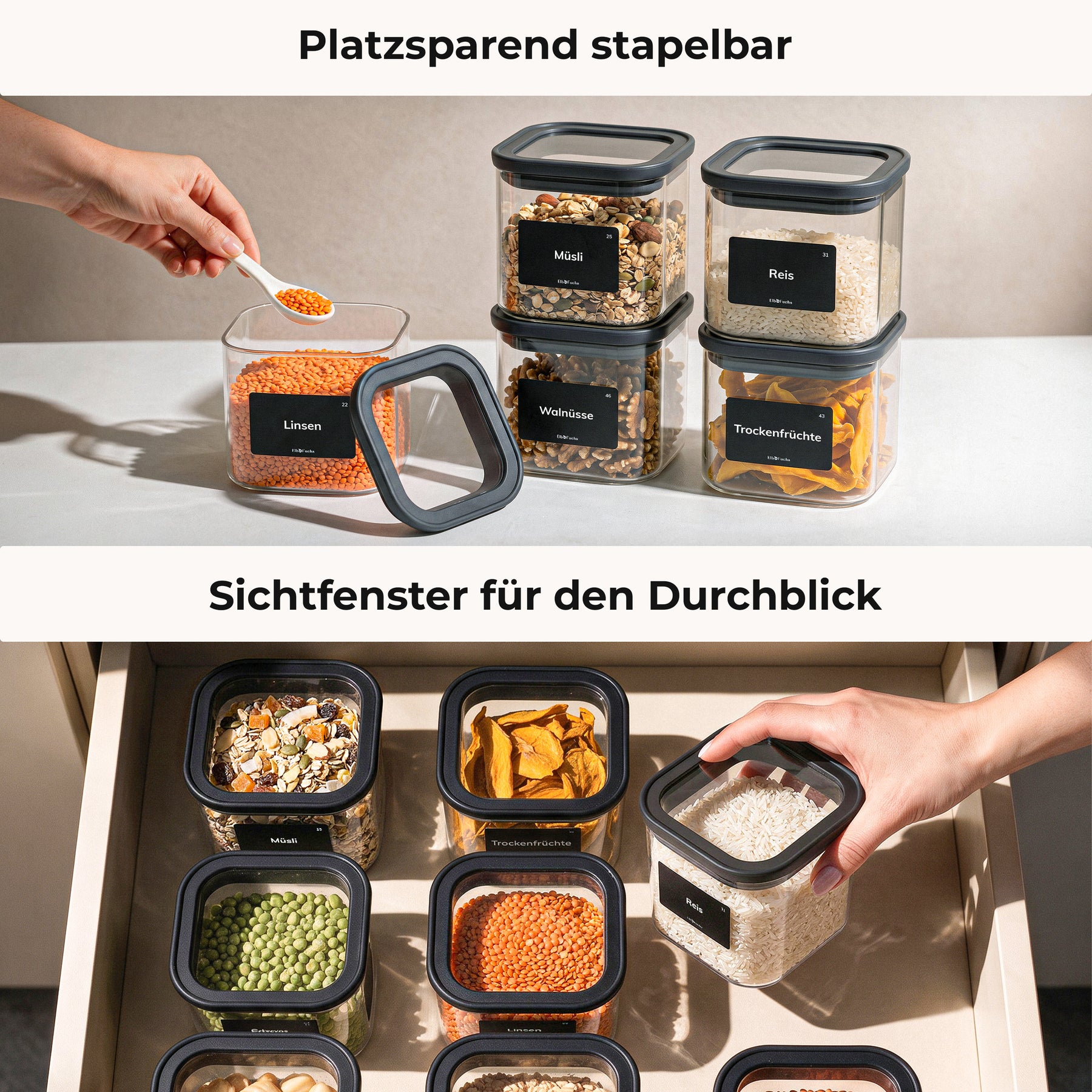 Platzsparend gestapelte ElbFuchs BLACK KONTOR Vorratsgläser im Schrank und Draufsicht durch das Sichtfenster im Deckel in eine Küchenschublade.