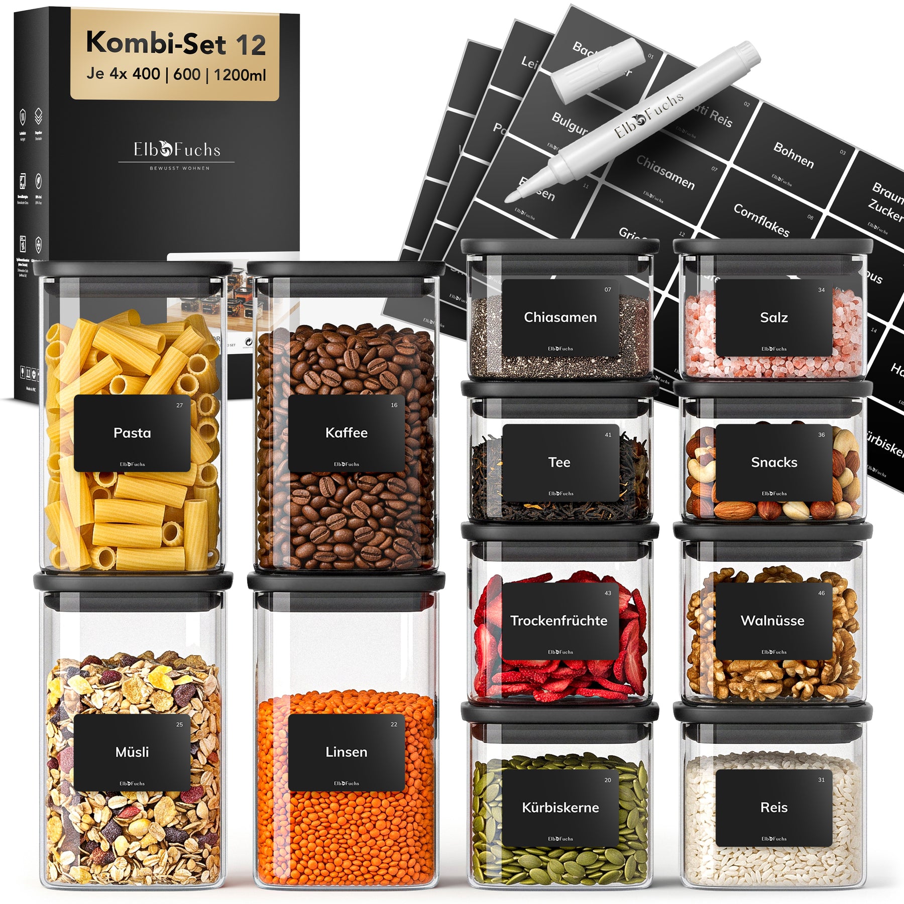 ElbFuchs BLACK KONTOR Vorratsgläser Kombi-Set 12-teilig mit je 4x 400 ml, 4x 600 ml und 4x 1200 ml, eckige Gläser mit schwarzen Deckeln, gefüllt mit Pasta, Linsen, Reis und Gewürzen, inklusive Etiketten und Kreidestift.