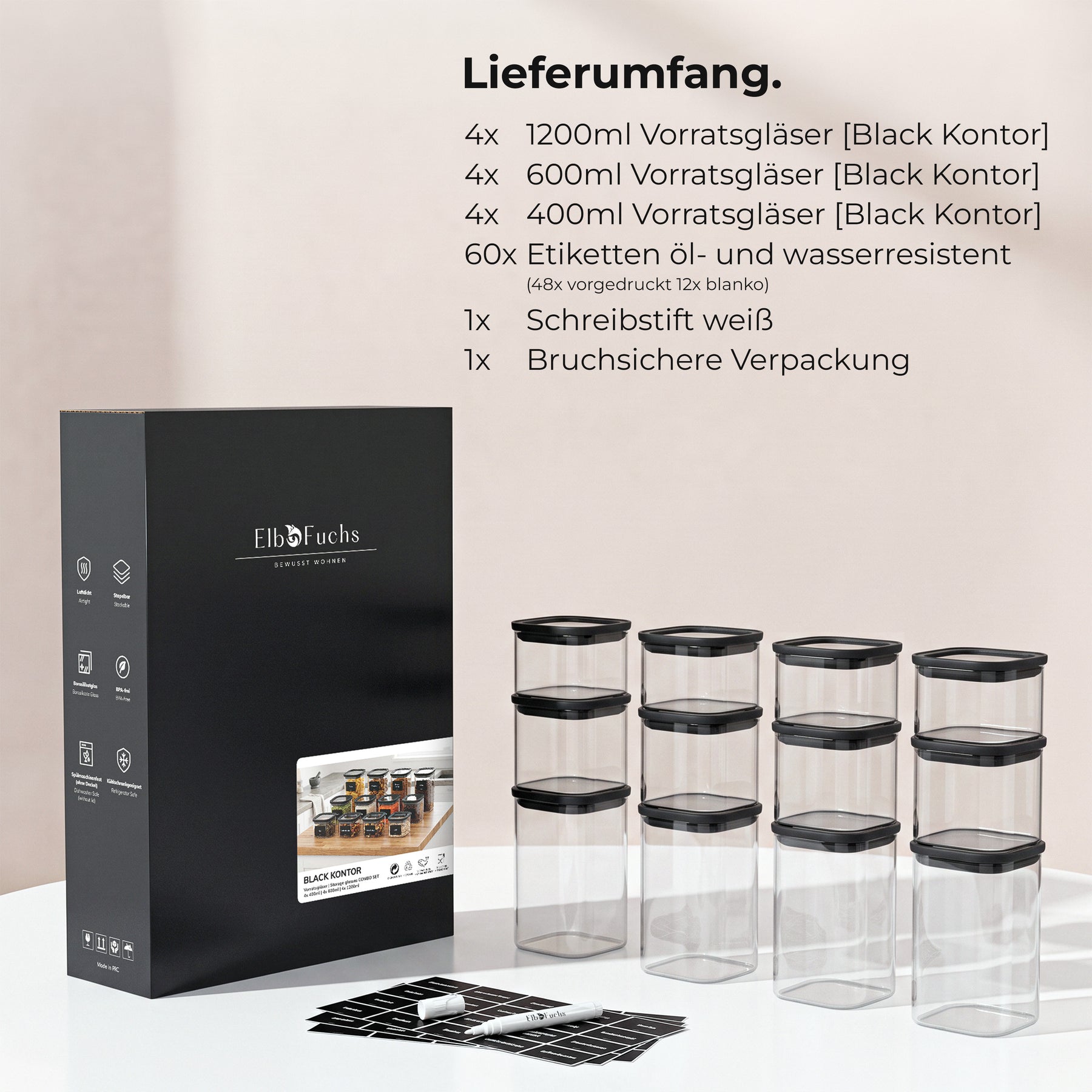 Lieferumfang des ElbFuchs BLACK KONTOR Kombi-Sets: 4x 1200 ml, 4x 600 ml und 4x 400 ml Vorratsgläser, öl- und wasserresistente Etiketten, weißer Schreibstift und bruchsichere Verpackung.