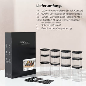 Lieferumfang des ElbFuchs BLACK KONTOR Kombi-Sets: 4x 1200 ml, 4x 600 ml und 4x 400 ml Vorratsgläser, öl- und wasserresistente Etiketten, weißer Schreibstift und bruchsichere Verpackung.