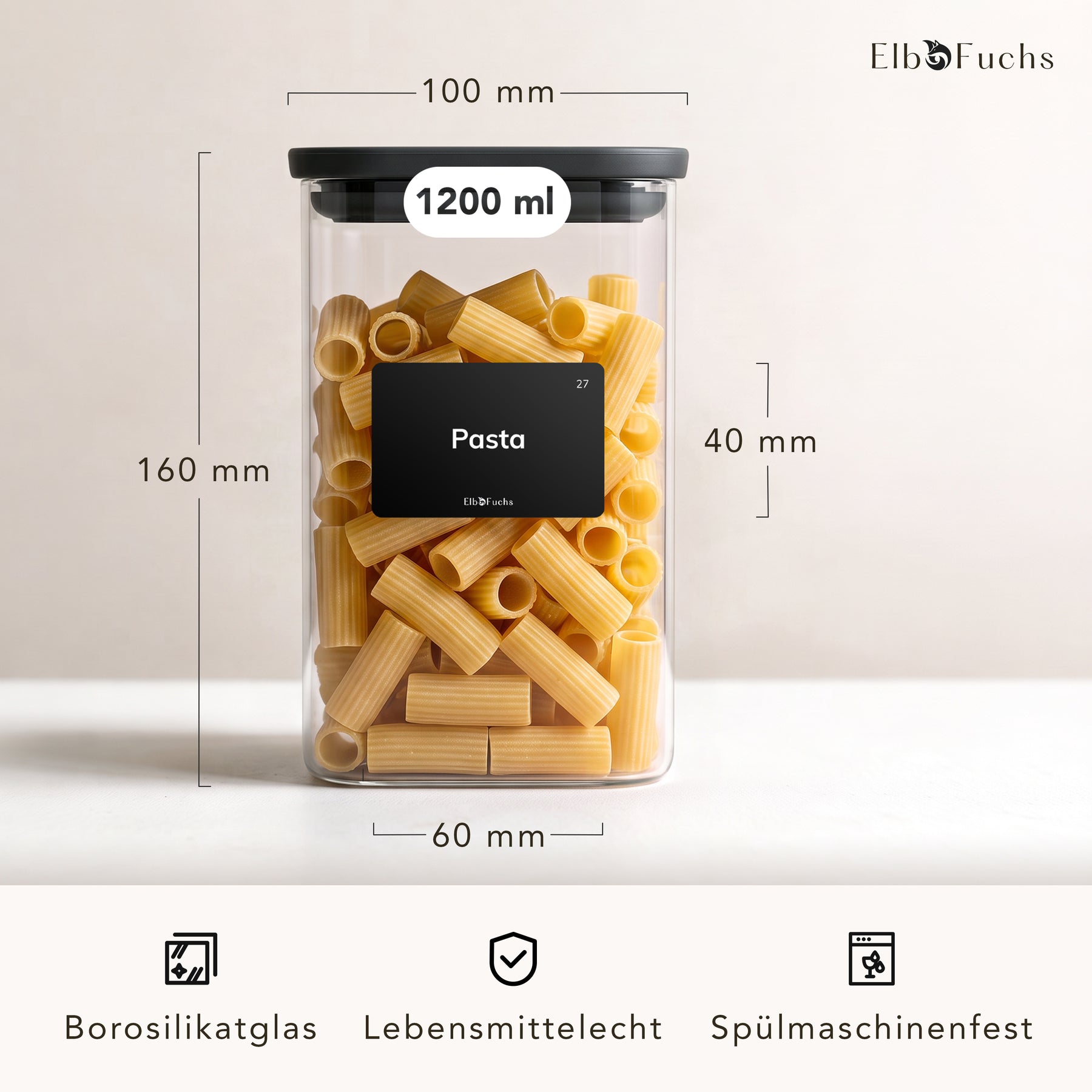 ElbFuchs BLACK KONTOR Vorratsglas 1200 ml mit Rigatoni und Maßangaben von 100 mm Breite und 160 mm Höhe, aus Borosilikatglas, lebensmittelecht und spülmaschinenfest.