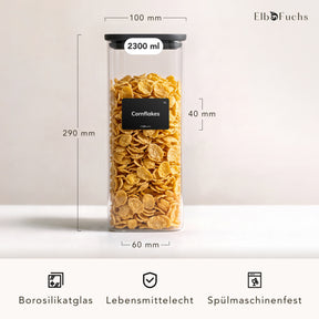 ElbFuchs BLACK KONTOR Vorratsglas 2300 ml mit Conchiglie-Pasta und Maßangaben von 100 mm Breite und 290 mm Höhe aus Borosilikatglas, lebensmittelecht und spülmaschinenfest.