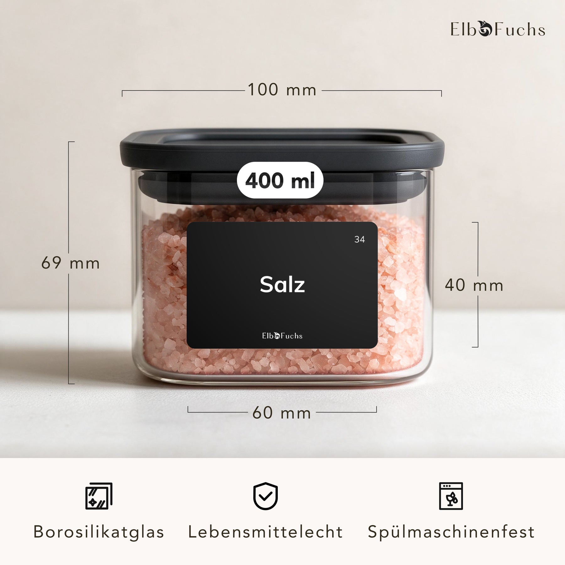 ElbFuchs BLACK KONTOR Vorratsglas 400 ml mit rosa Salz und Maßangaben von 100 mm Breite und 69 mm Höhe, aus Borosilikatglas, lebensmittelecht und spülmaschinenfest.