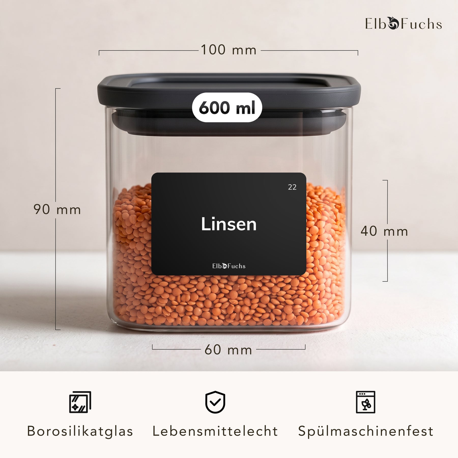ElbFuchs BLACK KONTOR Vorratsglas 600 ml mit roten Linsen und Maßangaben von 100 mm Breite und 90 mm Höhe, aus Borosilikatglas, lebensmittelecht und spülmaschinenfest.